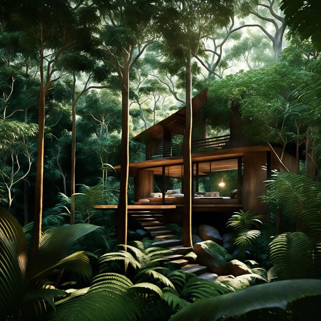 A professional architectural visualization of an eco-friendly cabin made from natural timber and stone in a lush jungle forest. Captured in aperture priority mode at f/8 and ISO 200 to emphasize natural light.