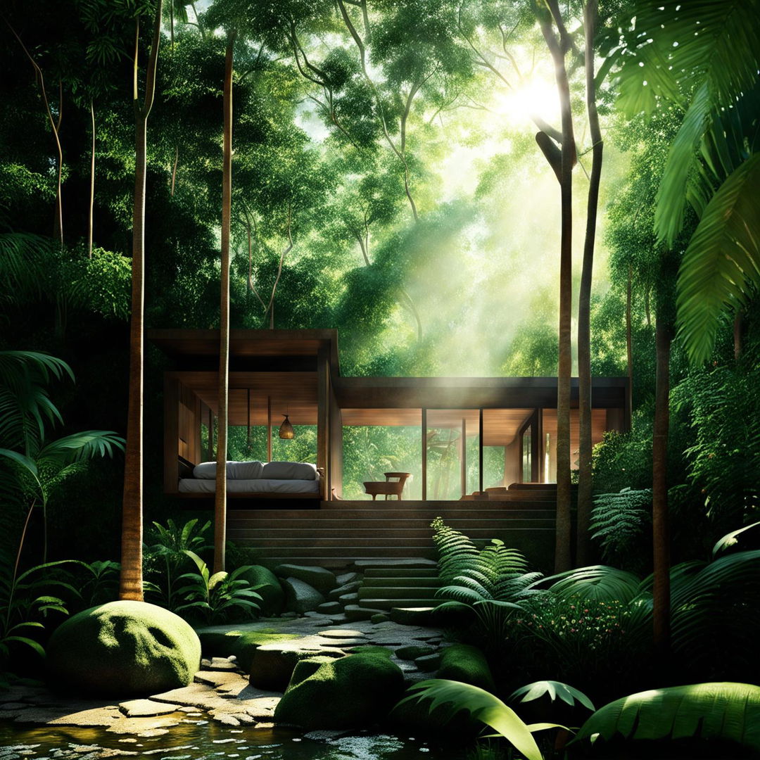 An architectural visualization of an eco-friendly cabin in a lush jungle, with dramatic sunlight rays streaming through the canopy and highlighting the natural timber and stone construction.