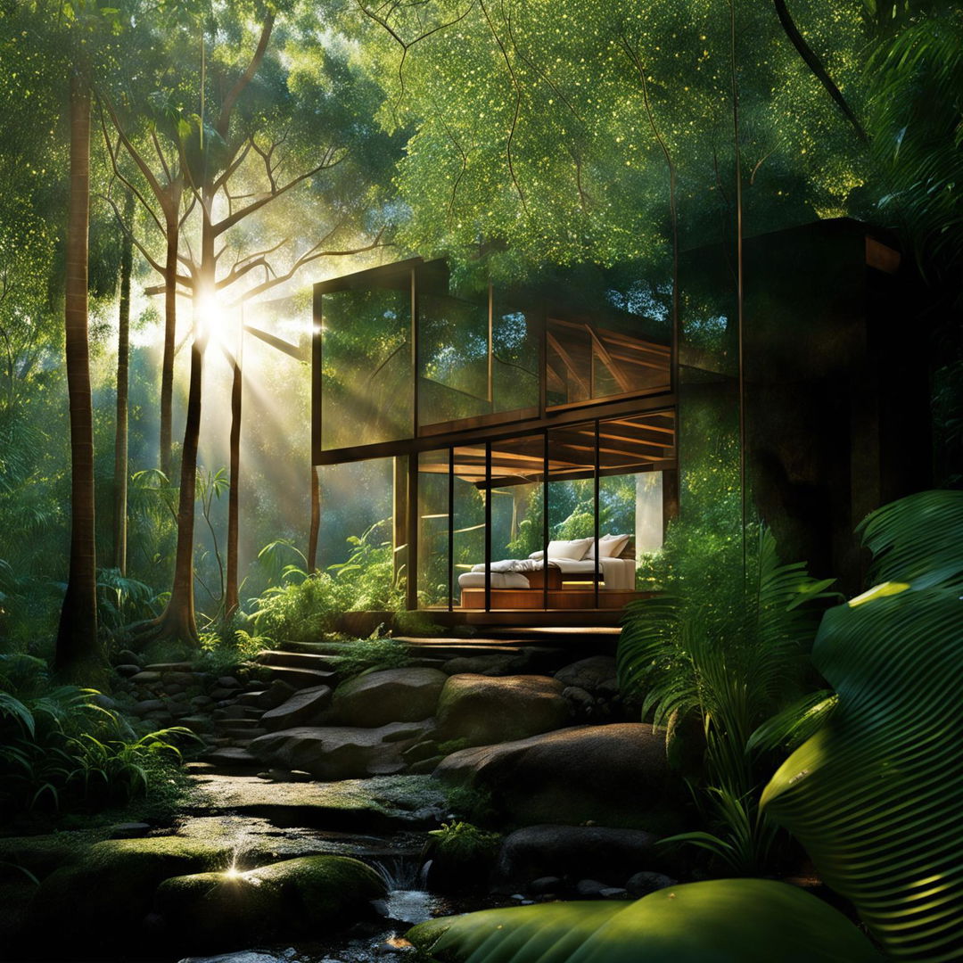 An architectural visualization of an eco-friendly cabin in a lush jungle, with dramatic sunlight rays and reflections of the surrounding trees on the cabin's glass surfaces.