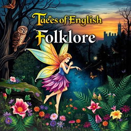 A captivating cover design for an English folklore book, showcasing a blend of mythical creatures and enchanting scenes