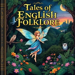 A captivating cover design for an English folklore book, showcasing a blend of mythical creatures and enchanting scenes