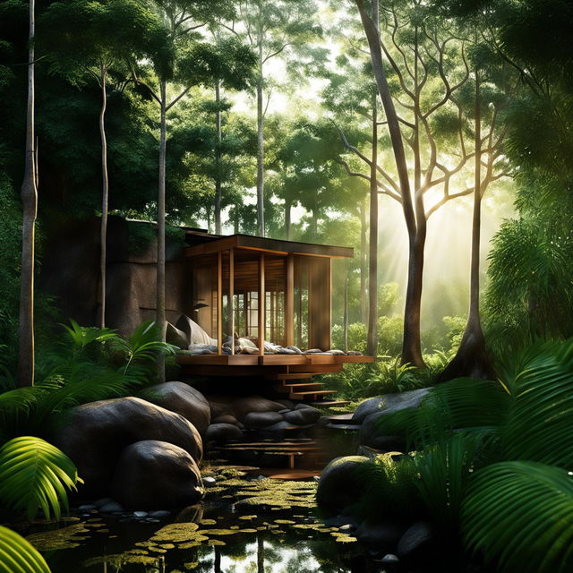 An architectural visualization of a Japandi-style eco-friendly cabin in a lush jungle, with dramatic sunlight rays and reflections of the surrounding trees on the cabin's glass surfaces.