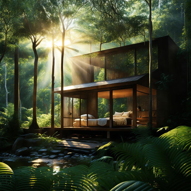 A Japandi-style eco-friendly cabin in a lush jungle, with dramatic sunlight rays and reflections of the surrounding trees on the cabin's glass surfaces.