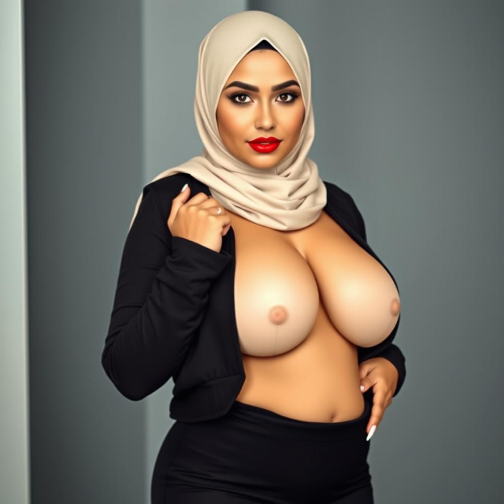 A beautiful 25-year-old Arab woman wearing a hijab that stylishly highlights her outfit while revealing a tasteful amount of cleavage