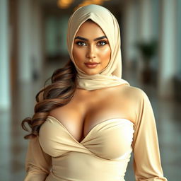 A beautiful 25-year-old Arab woman wearing a hijab that stylishly highlights her outfit while revealing a tasteful amount of cleavage