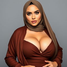 A beautiful 25-year-old Arab woman wearing a hijab that stylishly highlights her outfit while revealing a tasteful amount of cleavage