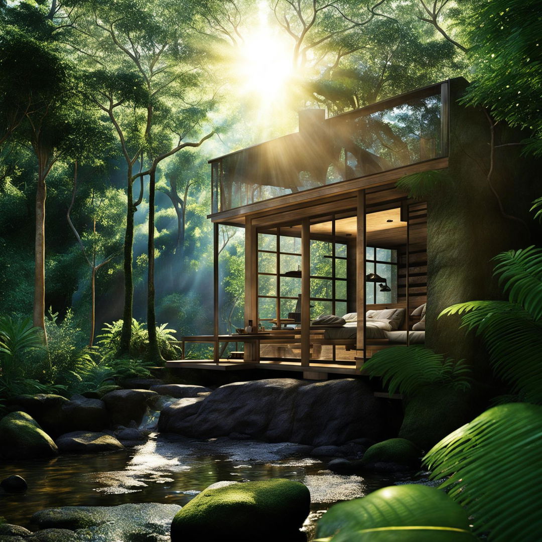 A Japandi-style eco-friendly cabin in a lush jungle, with dramatic sunlight rays and reflections of the surrounding trees on the cabin's glass surfaces.