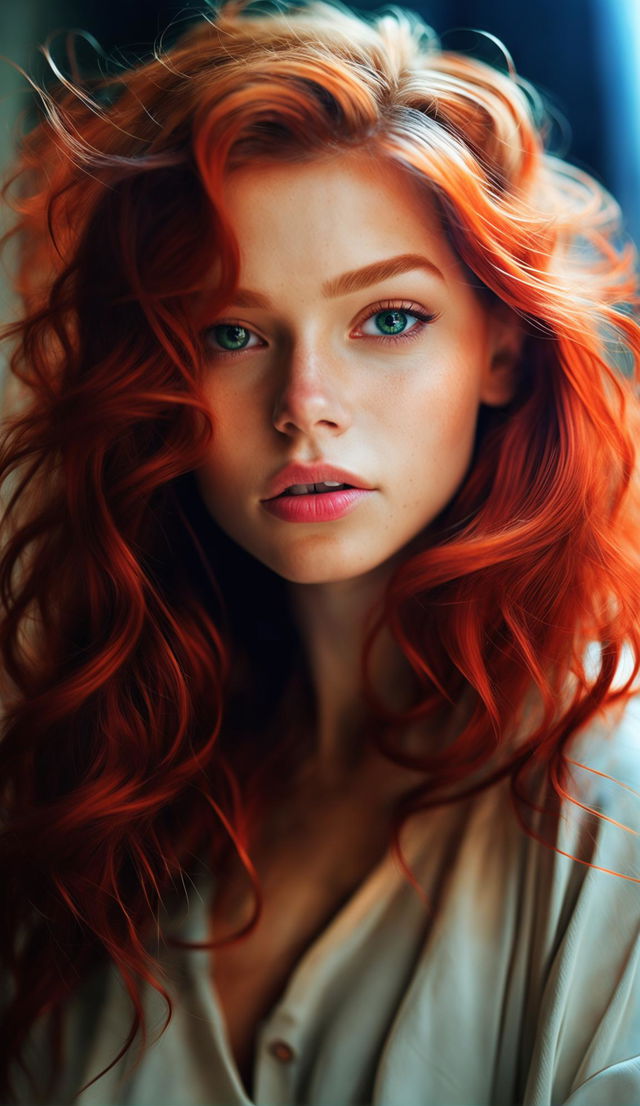 A vibrant digital portrait of a 20-year-old redhead with freckles, green eyes, and fiery hair falling in loose waves.