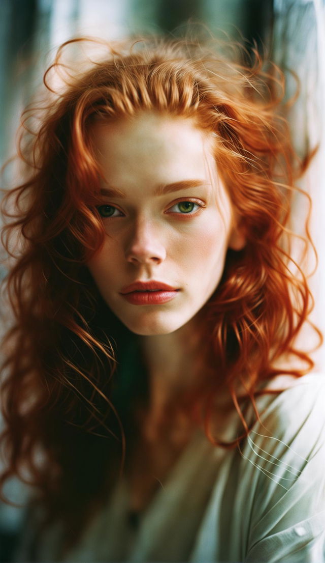 A 35mm film photograph of a 20-year-old redhead with freckles, green eyes, and fiery hair falling in loose waves.