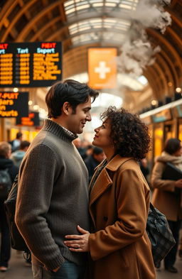A romantic scene of two people in a bustling train station, surrounded by the hustle and bustle of travelers