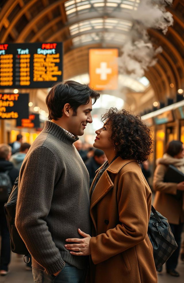 A romantic scene of two people in a bustling train station, surrounded by the hustle and bustle of travelers