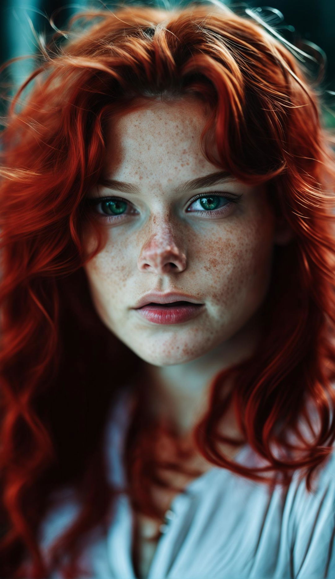 A photograph taken with a Canon EOS R5 and RF 35mm f/2.8L IS USM Lens of a 20-year-old redhead with freckles, green eyes, and fiery hair falling in loose waves.