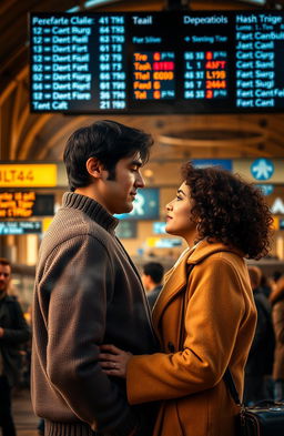 A romantic scene of two people in a bustling train station, surrounded by the hustle and bustle of travelers