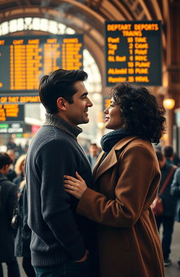 A romantic scene of two people in a bustling train station, surrounded by the hustle and bustle of travelers