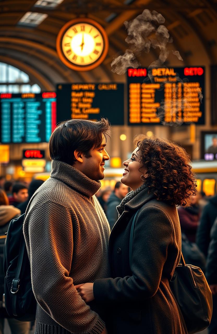 A romantic scene of two people in a bustling train station, surrounded by the hustle and bustle of travelers