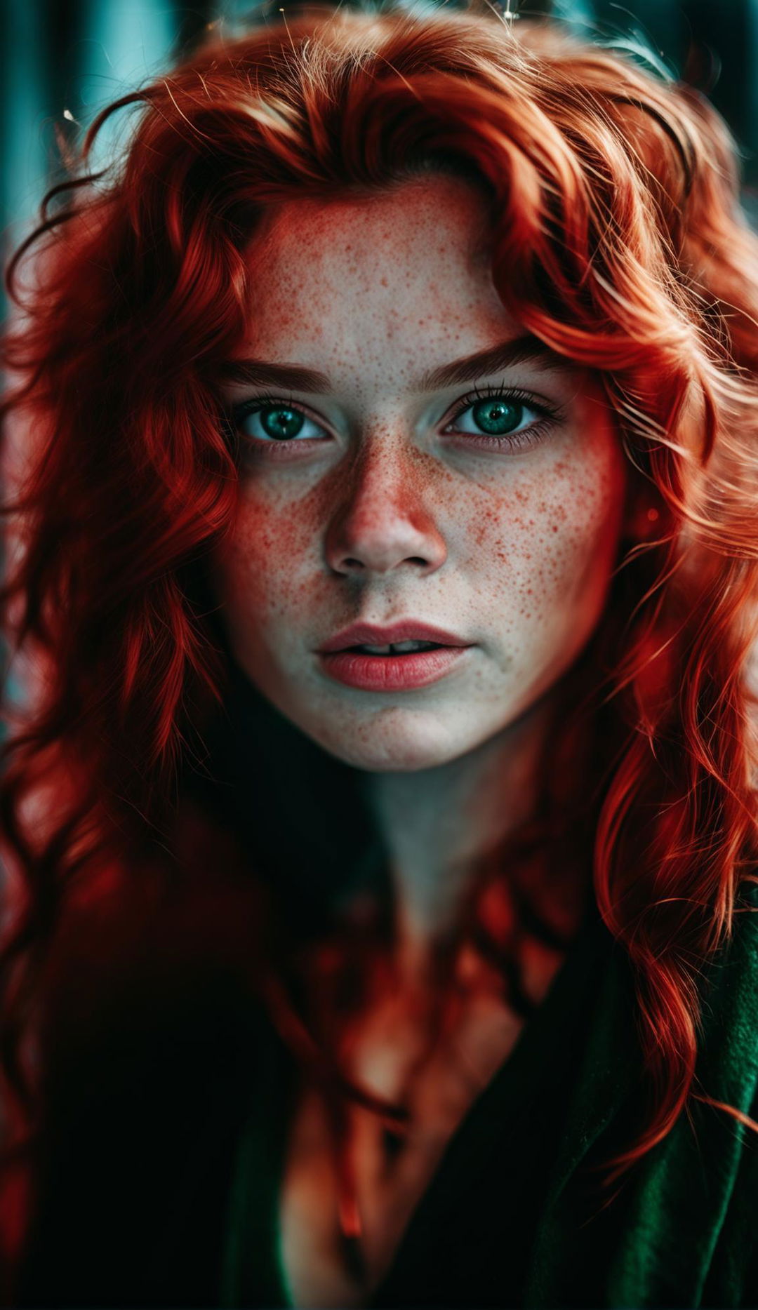 Portrait of a vibrant 20-year-old redhead with freckles, captured with a Canon EOS R5 with RF 35mm f/2.8L IS USM Lens.