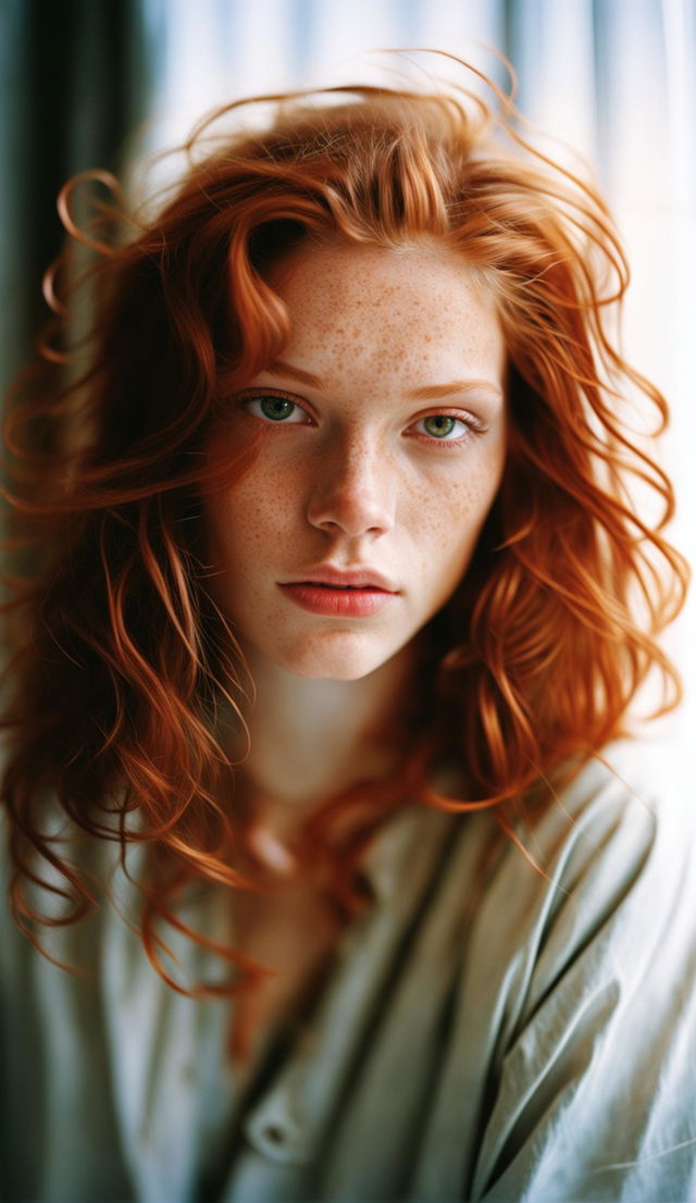 A 35mm film photograph of a beautiful 20-year-old redhead with freckles, vibrant red hair, emerald green eyes, dressed casually.