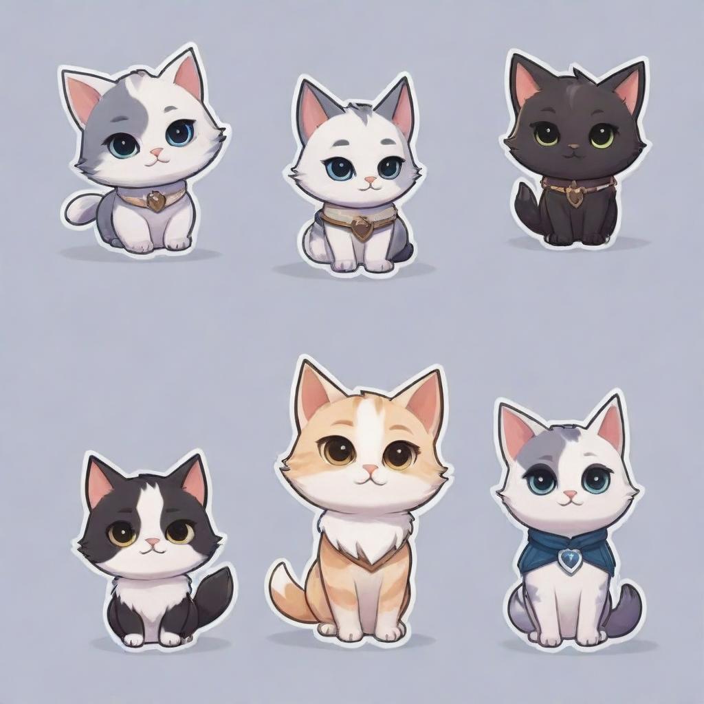 Create adorable stickers of Valorant characters imagined as cute cats, each with identifiable features reminiscent of their in-game personas and abilities.