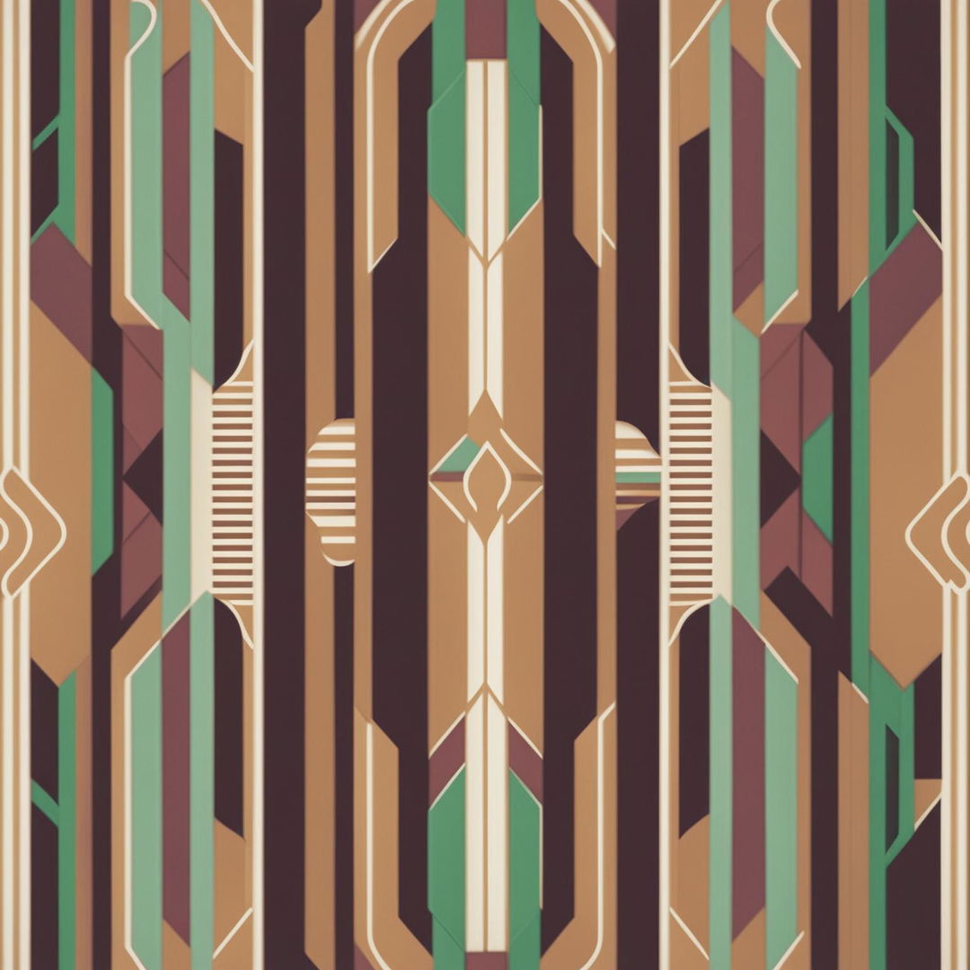 Art Deco wallpaper with intricate geometric patterns in a blend of muted pastels and bold hues, inspired by Wes Anderson's unique aesthetic.