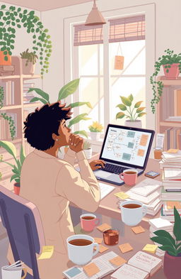A thoughtful person sitting at a desk cluttered with papers and notes, in a cozy, softly lit room filled with plants and books