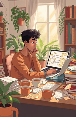A thoughtful person sitting at a desk cluttered with papers and notes, in a cozy, softly lit room filled with plants and books