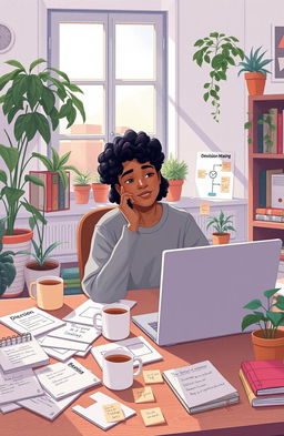 A thoughtful person sitting at a desk cluttered with papers and notes, in a cozy, softly lit room filled with plants and books