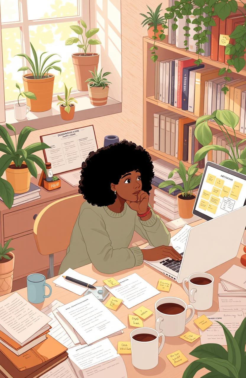 A thoughtful person sitting at a desk cluttered with papers and notes, in a cozy, softly lit room filled with plants and books