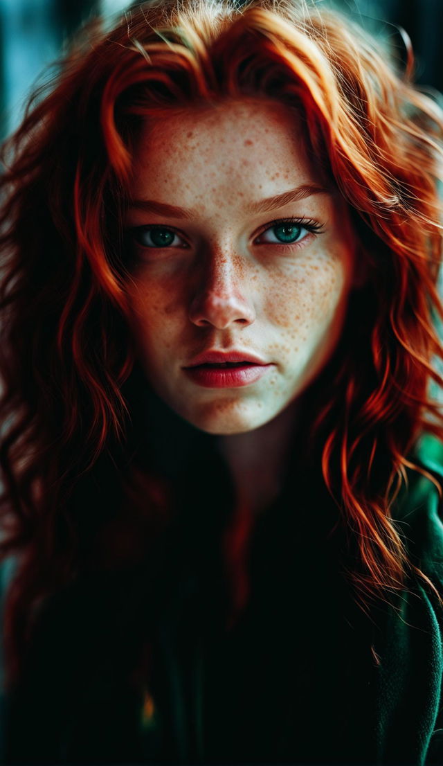 Close-up portrait of a 20-year-old redhead woman with freckles, captured with a 100mm lens.