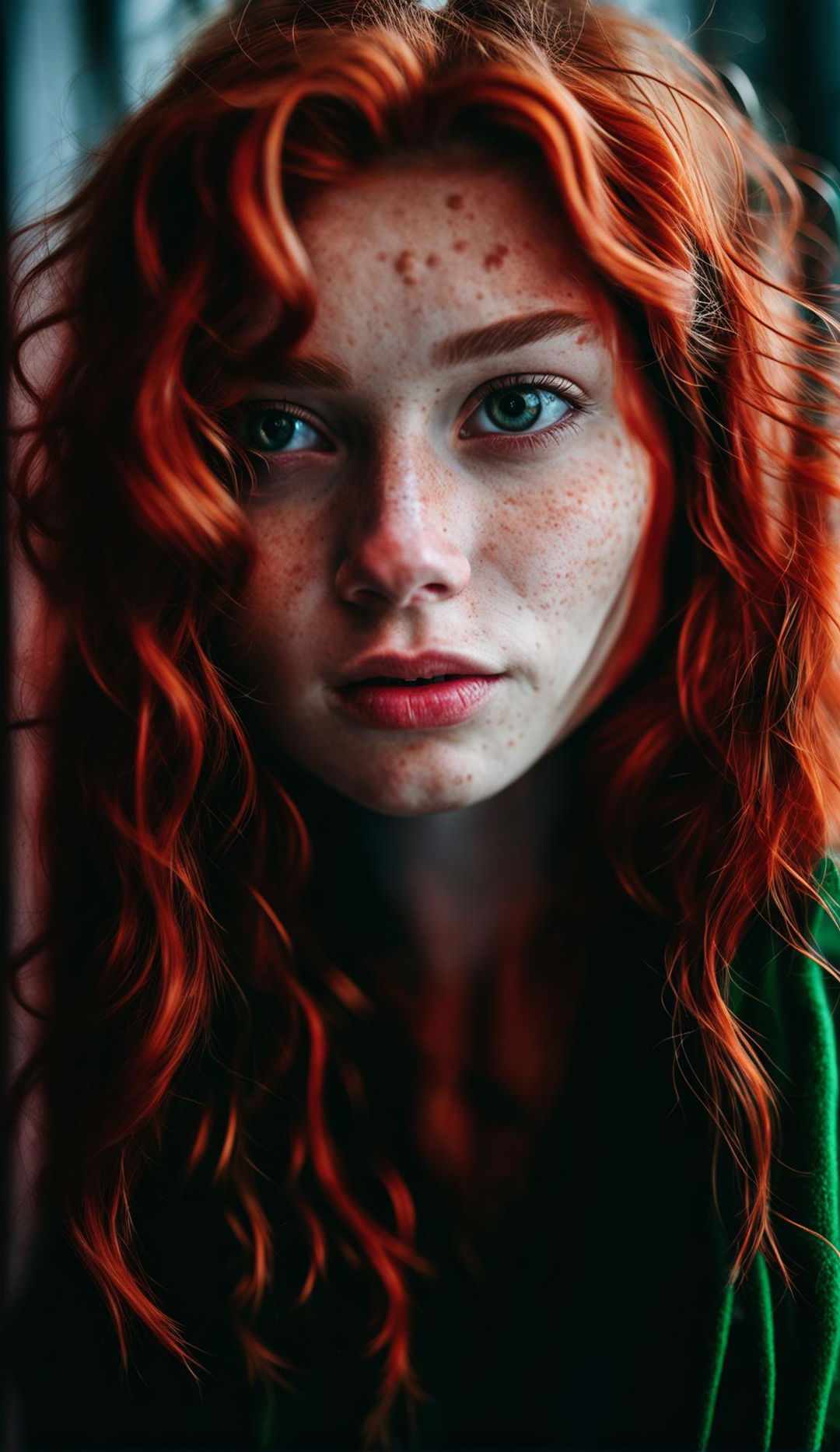 Portrait of a 20-year-old redhead woman with freckles, shot with a Panasonic Lumix S1R and Sigma 105mm lens.