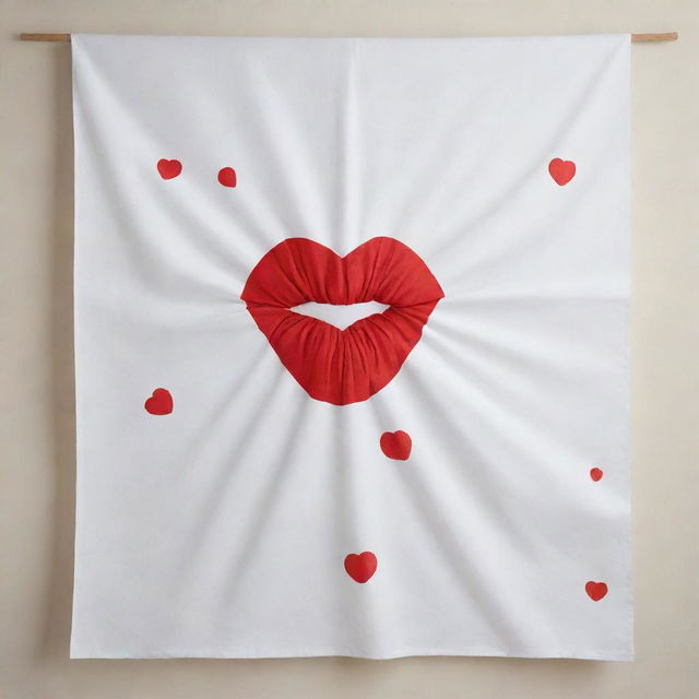 A crisp white canvas draped with a fabric featuring a pattern of vibrant kisses