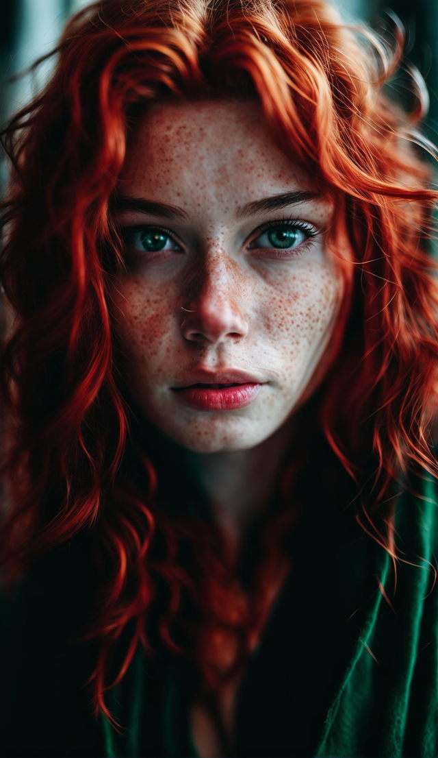 Portrait of a 20-year-old redhead woman with freckles, shot with a Panasonic Lumix S1R and Sigma 105mm lens.