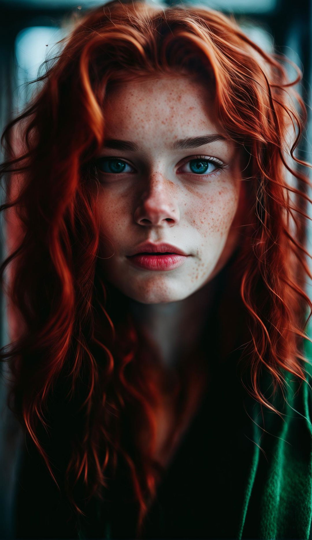 Portrait of a 20-year-old redhead woman with freckles, shot with a Panasonic Lumix S1R and Sigma 105mm f/4 lens.