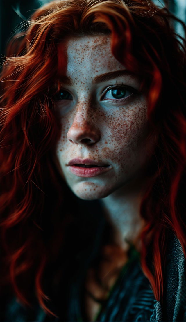 Portrait of a 20-year-old redhead woman with freckles, shot with a Panasonic Lumix S1R and Sigma 105mm f/2.8 lens.