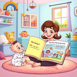 A whimsical illustration of a mother sitting in a colorful, cartoon-style room, playfully telling her baby the story of her life