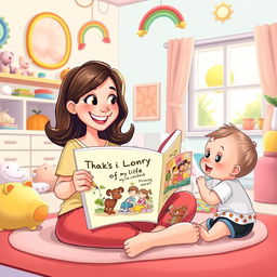 A whimsical illustration of a mother sitting in a colorful, cartoon-style room, playfully telling her baby the story of her life