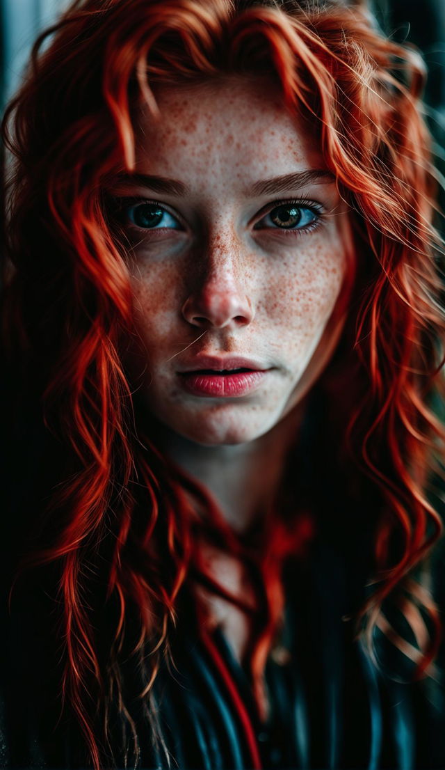 Portrait of a 20-year-old redhead woman with freckles, shot with a Panasonic Lumix S1R and Sigma 105mm f/2.8 DG DN Macro Art Lens.