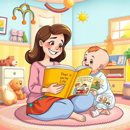 A whimsical illustration of a mother sitting in a colorful, cartoon-style room, playfully telling her baby the story of her life
