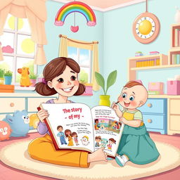 A whimsical illustration of a mother sitting in a colorful, cartoon-style room, playfully telling her baby the story of her life