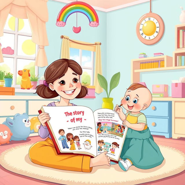 A whimsical illustration of a mother sitting in a colorful, cartoon-style room, playfully telling her baby the story of her life