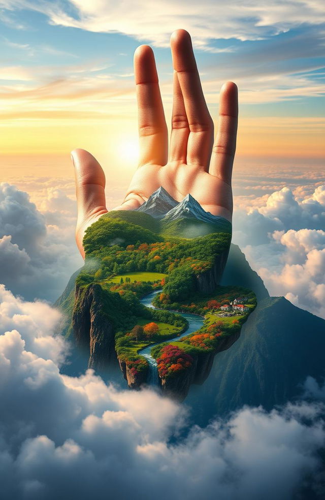 A giant hand emerging from the clouds, skillfully molding and shaping a vibrant, lush world beneath it, with mountains, rivers, and forests