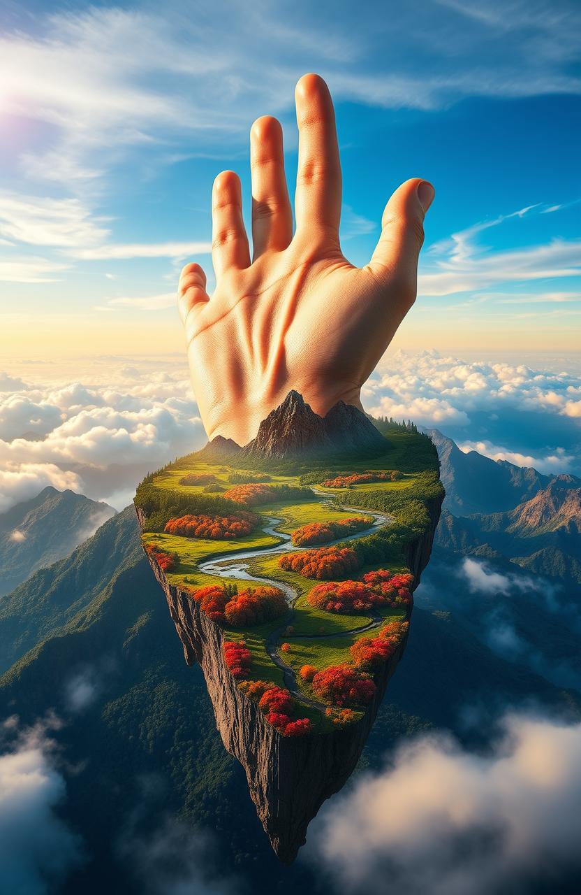 A giant hand emerging from the clouds, skillfully molding and shaping a vibrant, lush world beneath it, with mountains, rivers, and forests