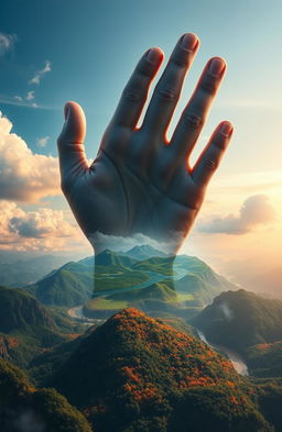 A giant hand emerging from the clouds, skillfully molding and shaping a vibrant, lush world beneath it, with mountains, rivers, and forests