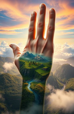 A giant hand emerging from the clouds, skillfully molding and shaping a vibrant, lush world beneath it, with mountains, rivers, and forests