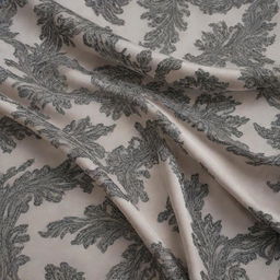 A piece of luxurious silk fabric featuring an intricate pattern of black linear drawings