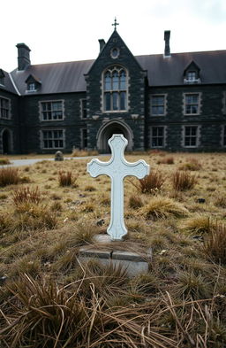 An eerie yet evocative scene of a mental asylum in 1800's Ireland, featuring a deserted courtyard where an empty grave is prominently located