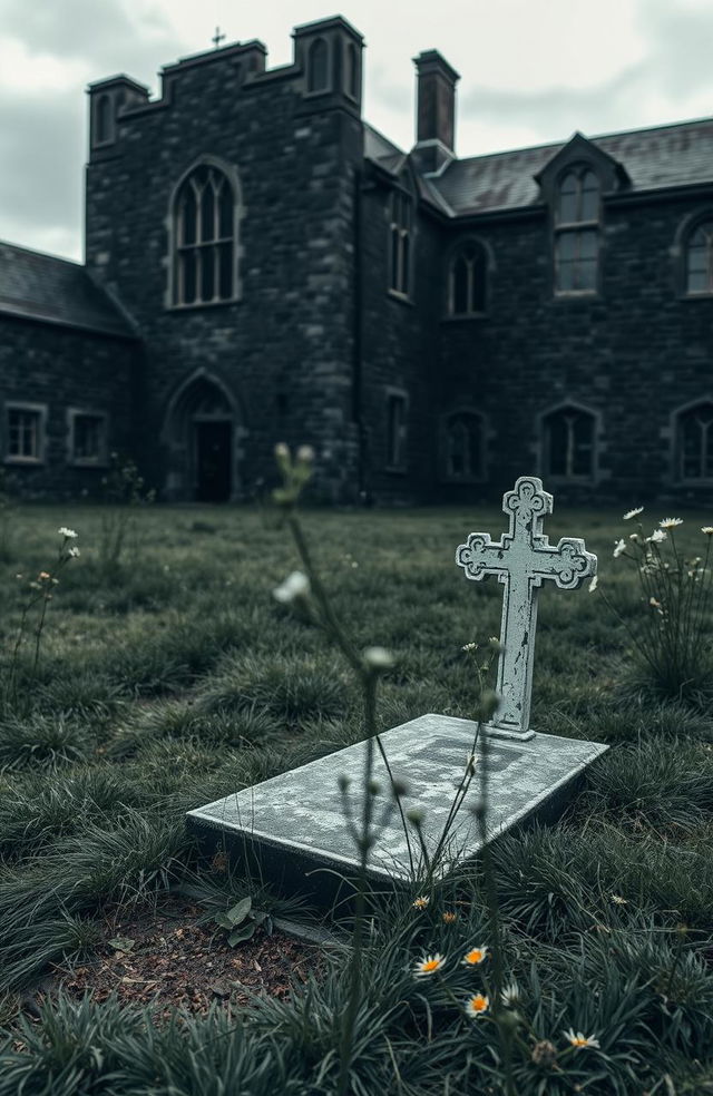 An eerie yet evocative scene of a mental asylum in 1800's Ireland, featuring a deserted courtyard where an empty grave is prominently located