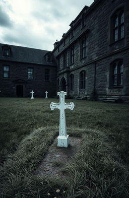 An eerie yet evocative scene of a mental asylum in 1800's Ireland, featuring a deserted courtyard where an empty grave is prominently located