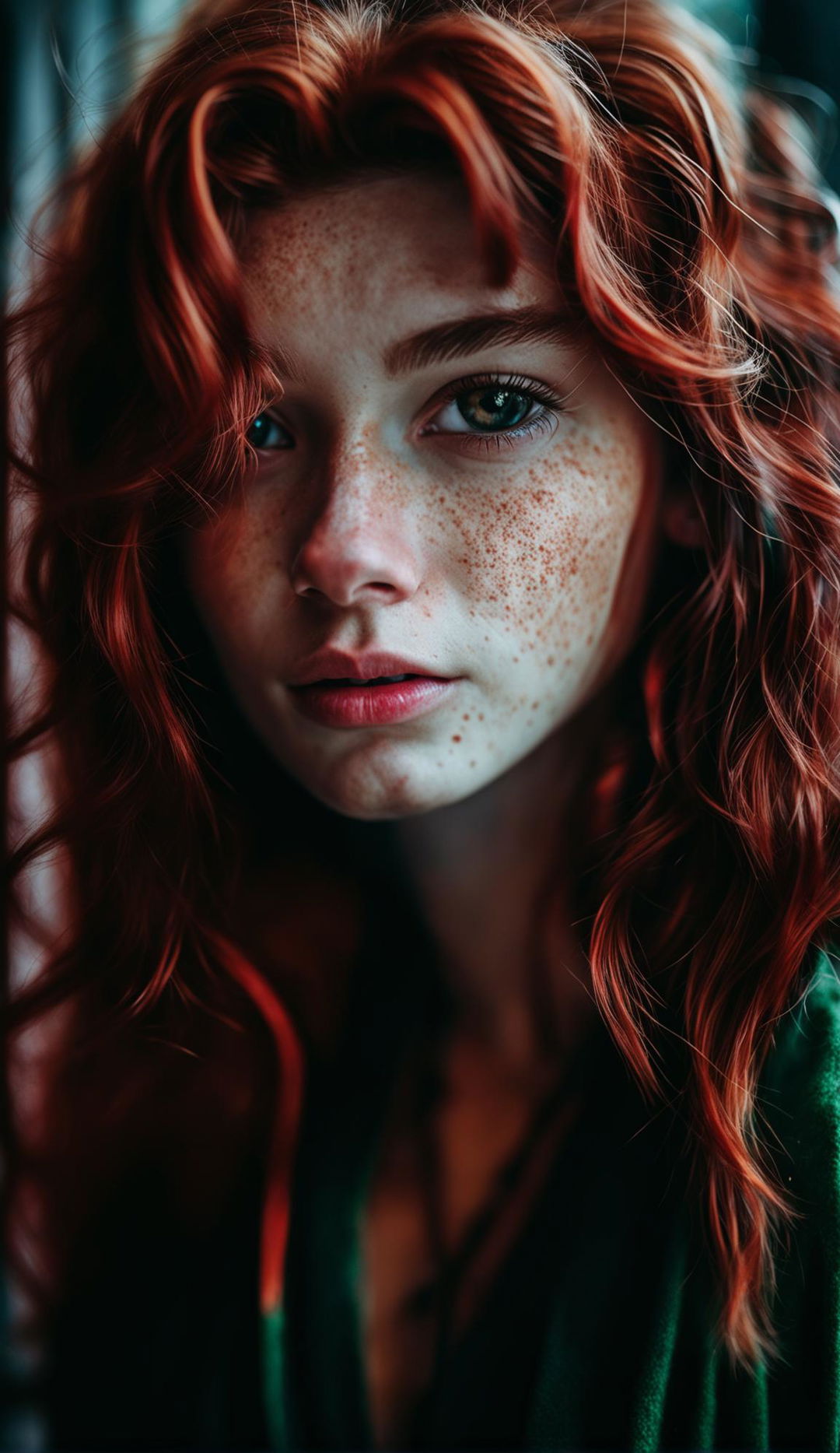 Portrait of a 20-year-old redhead woman with freckles, shot with a Panasonic Lumix S1R and Sigma 105mm f/2.8 lens.