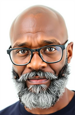 A bald-headed, middle-aged black man with a few beads and streaks of grey in his full beard