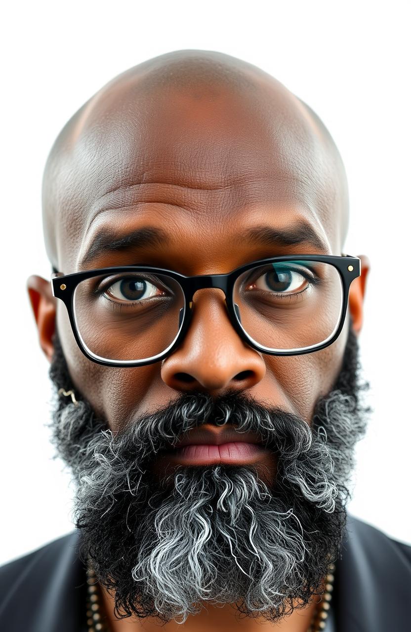 A bald-headed, middle-aged black man with a few beads and streaks of grey in his full beard